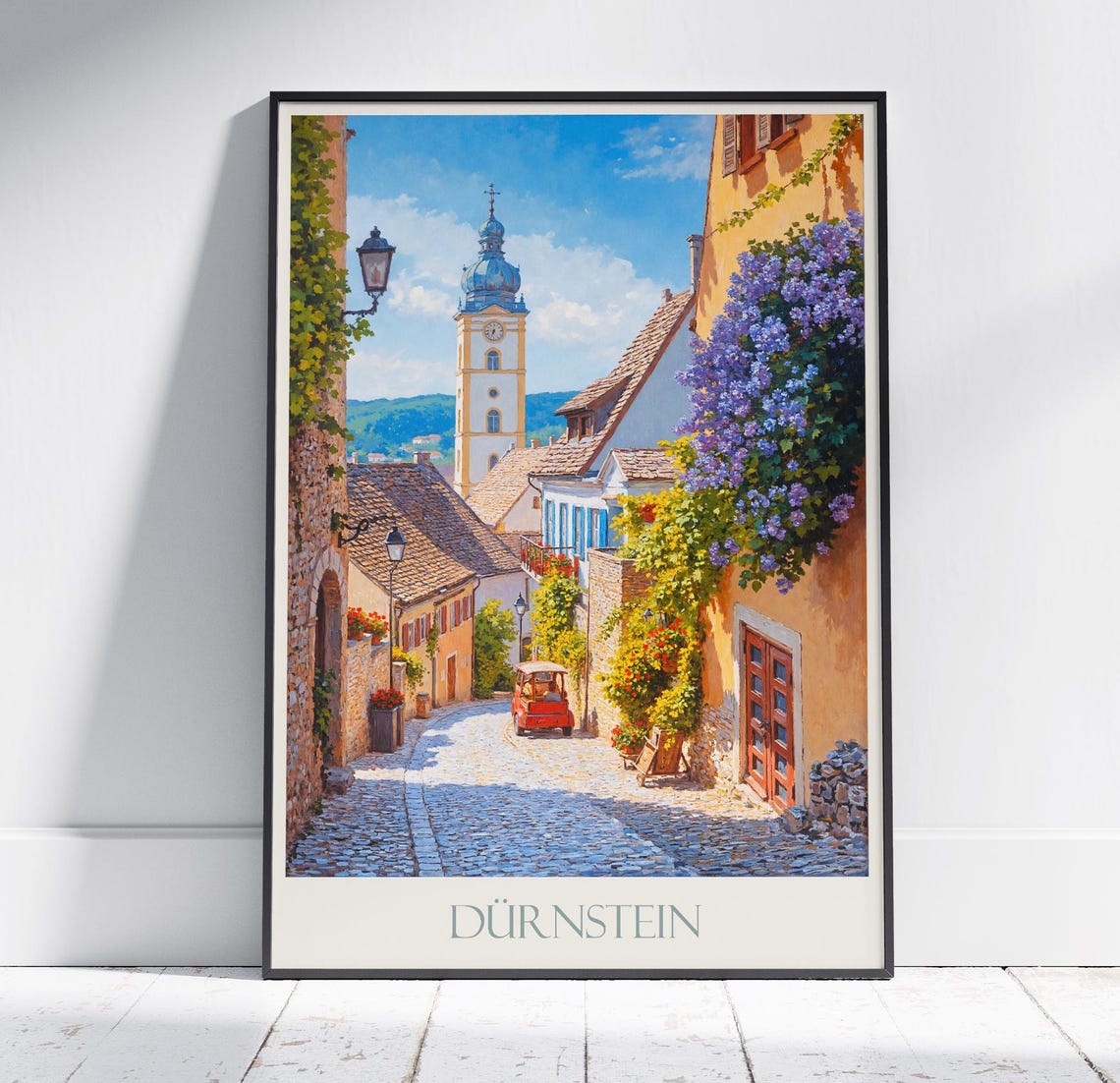 Durnstein Austria Cobblestone Street Church Tower Travel Poster