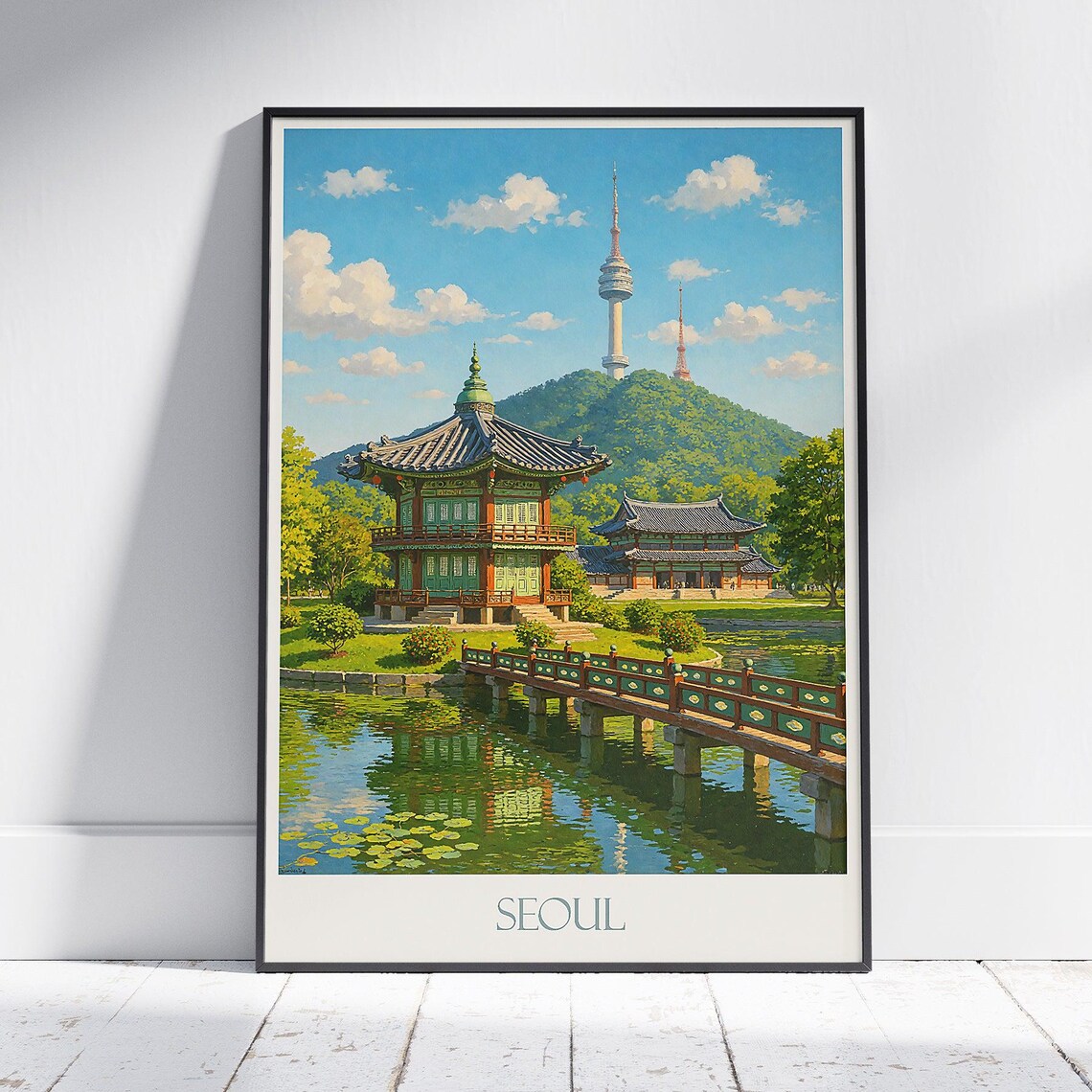 Seoul South Korea Palace and N Seoul Tower Vintage Travel Poster
