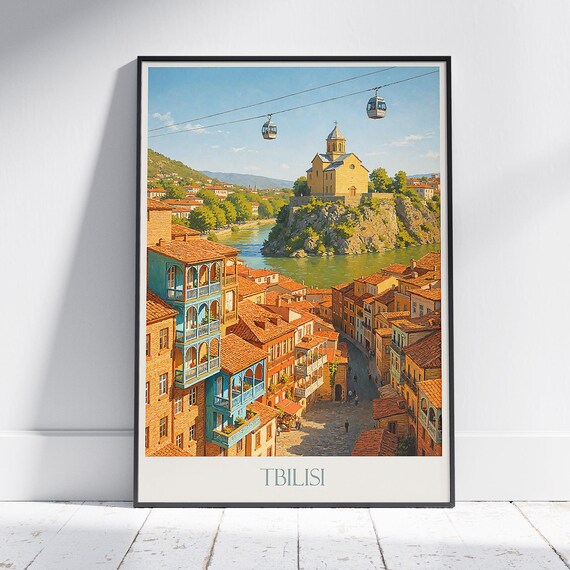 Tbilisi Old Town Cable Cars Church River Georgia Capital Travel Art Poster