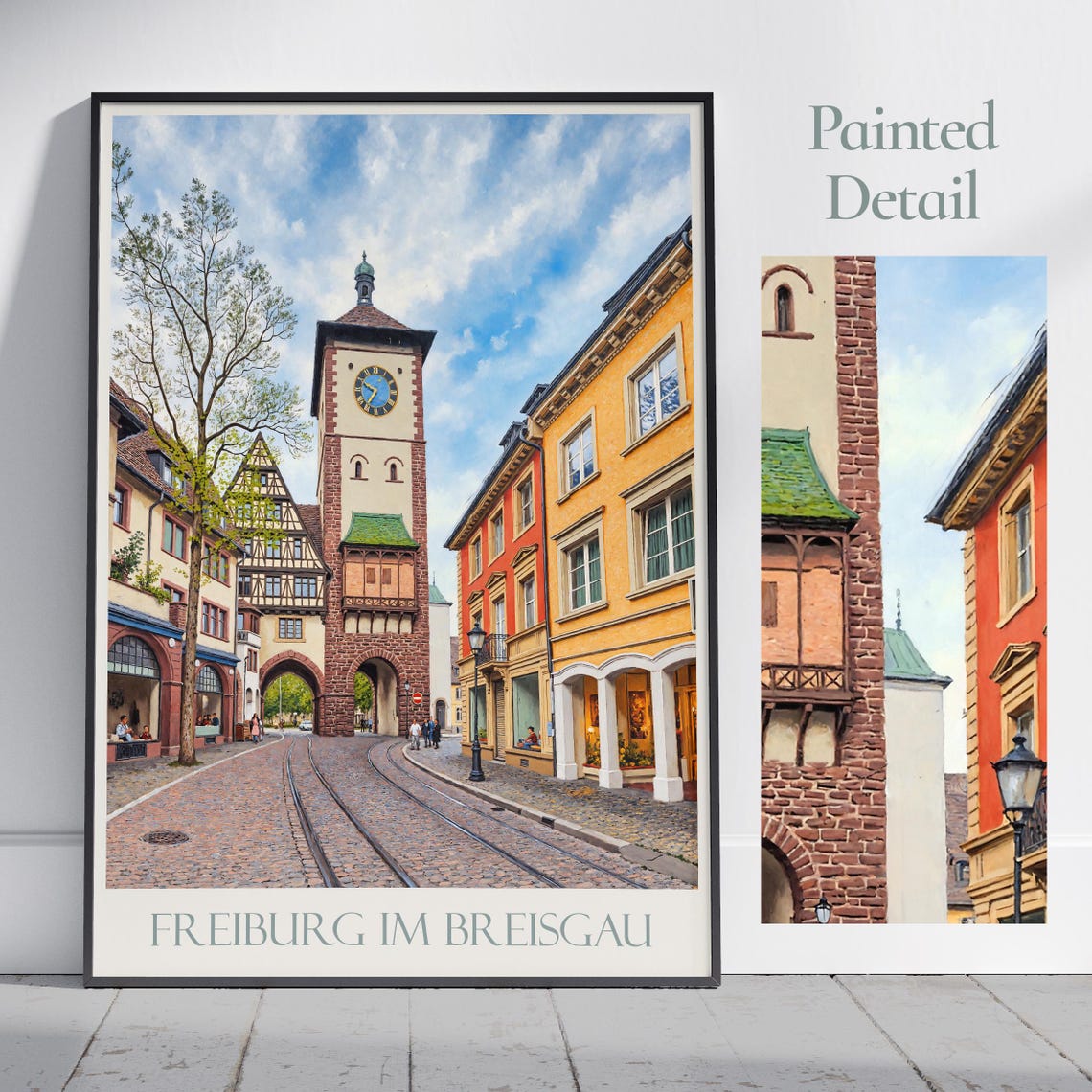 Freiburg Germany Historic Old Gate Tower Painted Travel Poster