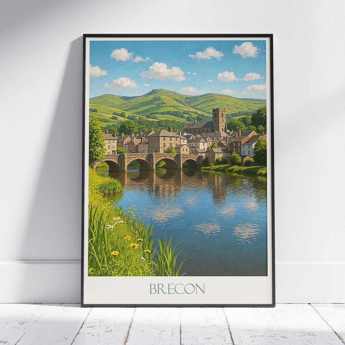Brecon Wales Stone Bridge Over River Usk Town Travel Art Poster