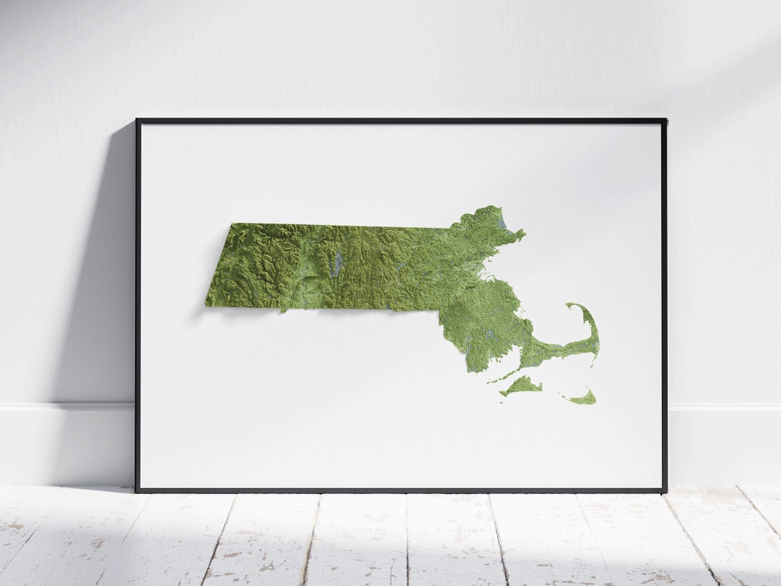 Massachusetts Green Terrain Shaded Relief State Map Art Poster