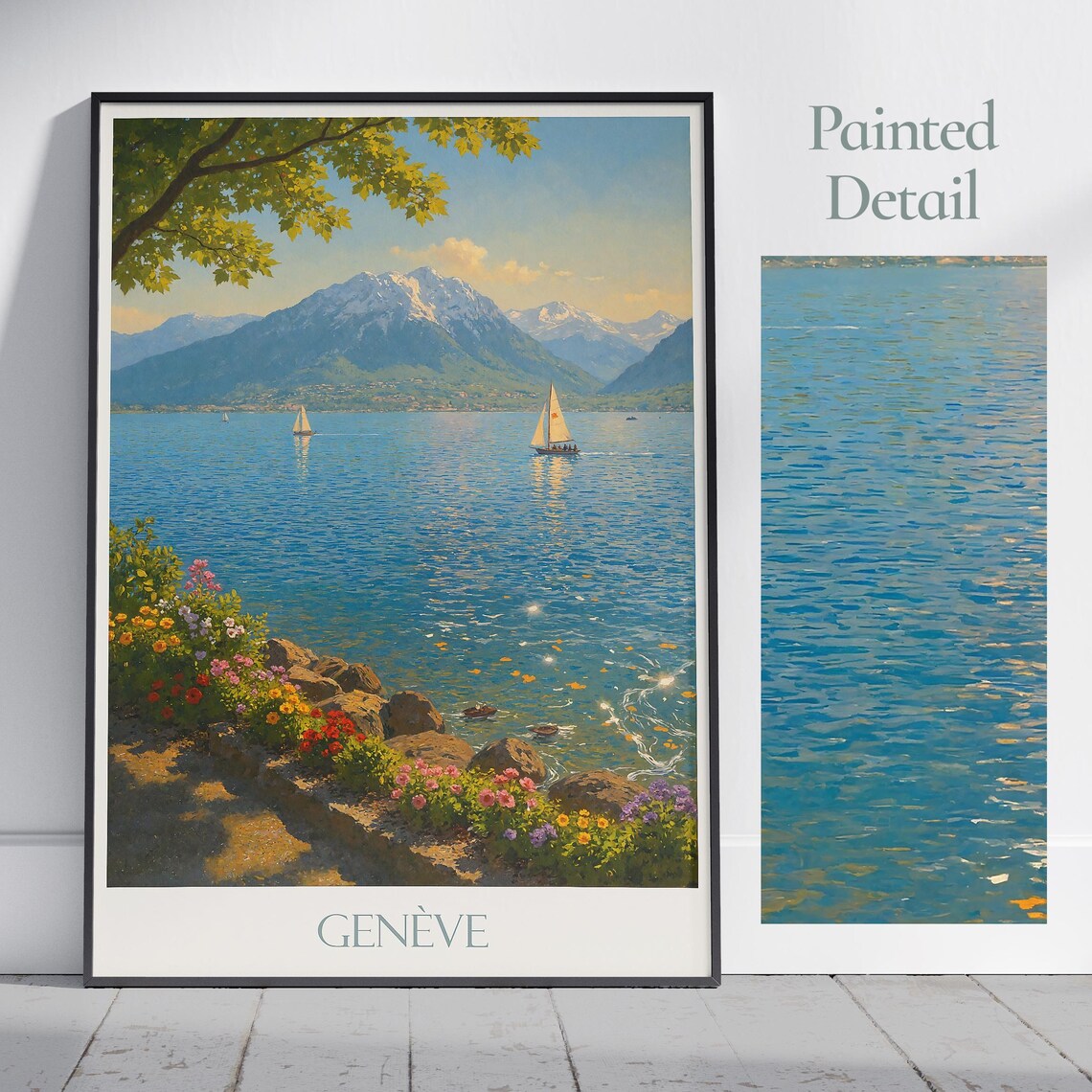 Geneve Lake Geneva Sailboats Mountains Vintage Travel Poster