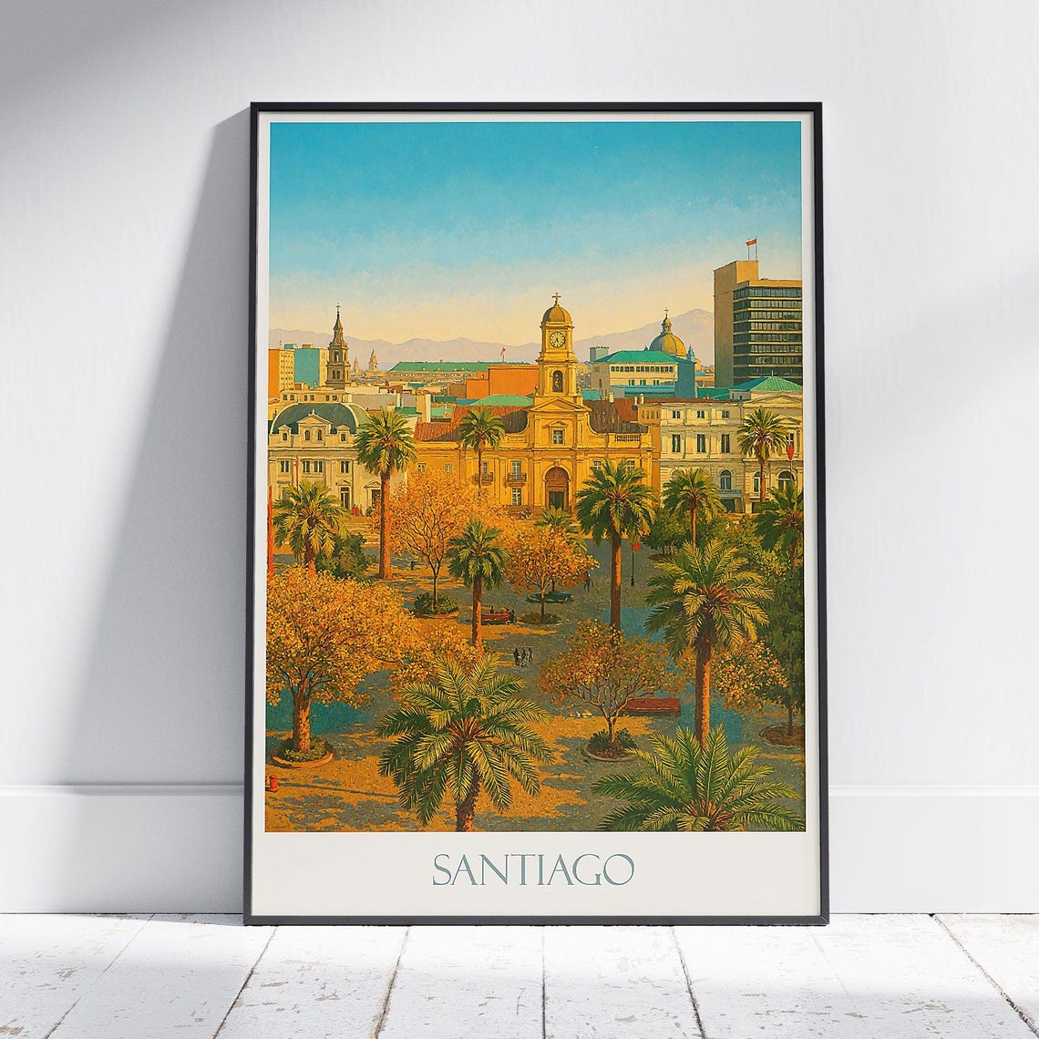 Santiago Chile Sunset Plaza Cathedral Palm Tree Skyline Poster