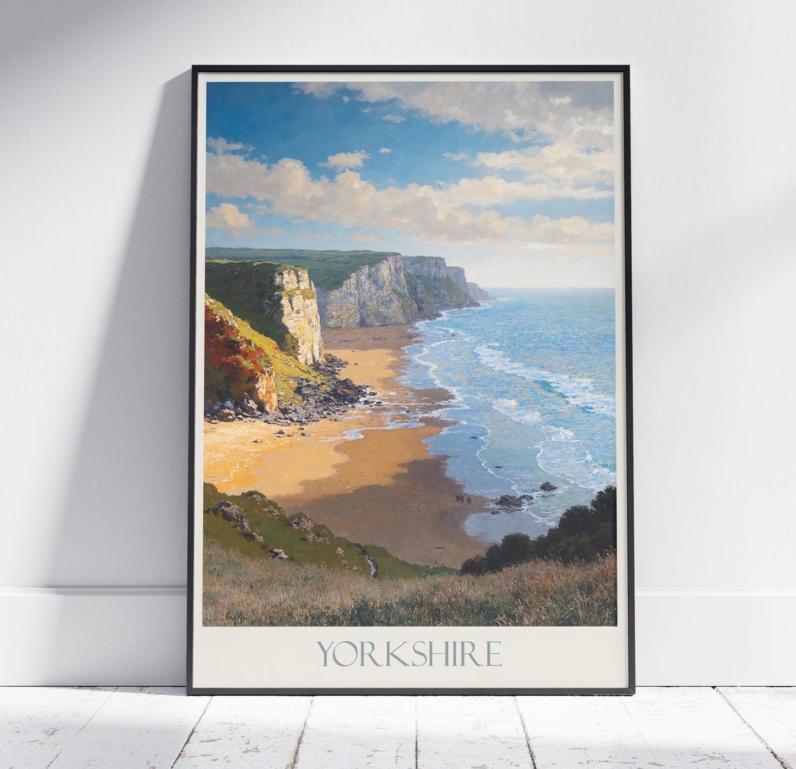 Yorkshire England Sea Cliffs Sandy Beach Coast Travel Poster