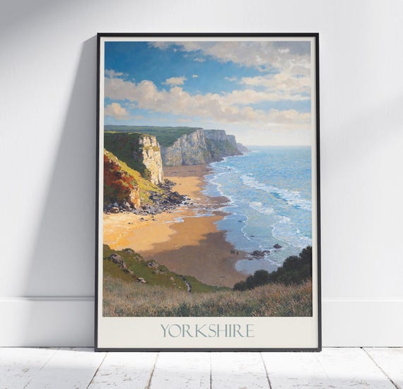 Yorkshire Coast Travel Print Travel Poster Painted Wall Art Print Home Decor Framed Personalized Print Vacation Travel Gift