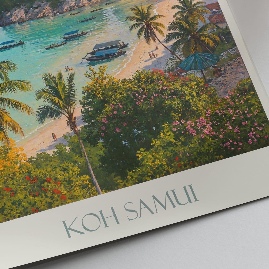 Koh Samui Thailand Tropical Beach Palms and Boats Travel Poster Art