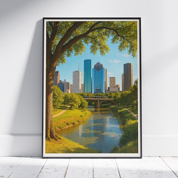 Houston Texas Travel Poster Downtown Skyline Art Print Buffalo Bayou Park Wall Vibrant Cityscape Decor Framed Personalized Gift