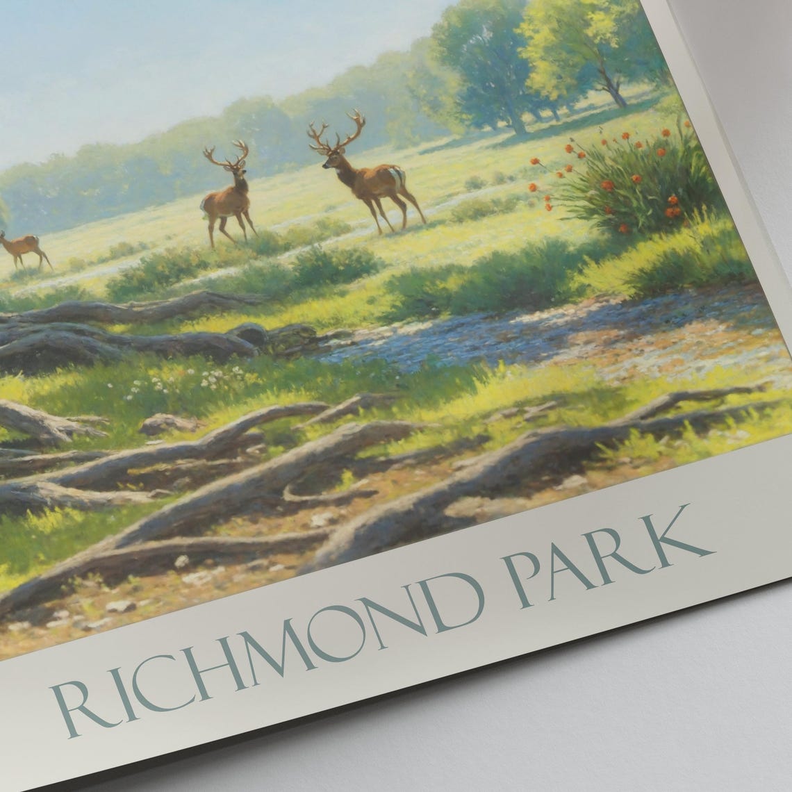 Richmond Park London Painted Red Deer Beneath Ancient Oak Poster - Image 3