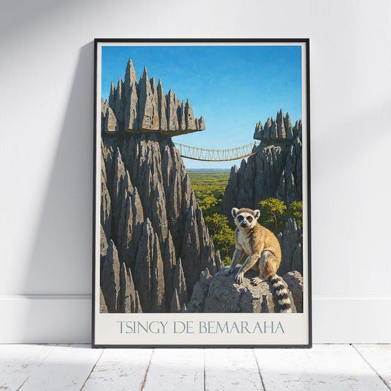 Tsingy De Bemaraha Travel Poster Madagascar Lemur Art Adventure Wall Print Unesco World Heritage Decor
