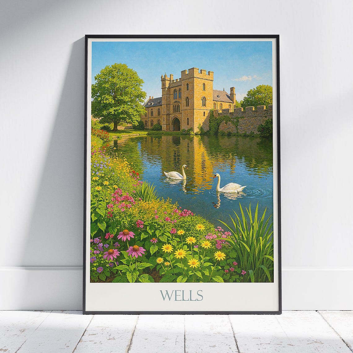 Wells Bishops Palace Moat Swans Historic England Travel Poster