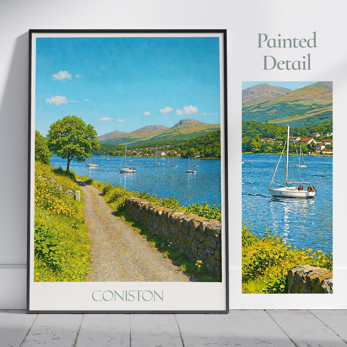 Coniston Water Lake District Sailboats on Shore Painting Art Poster