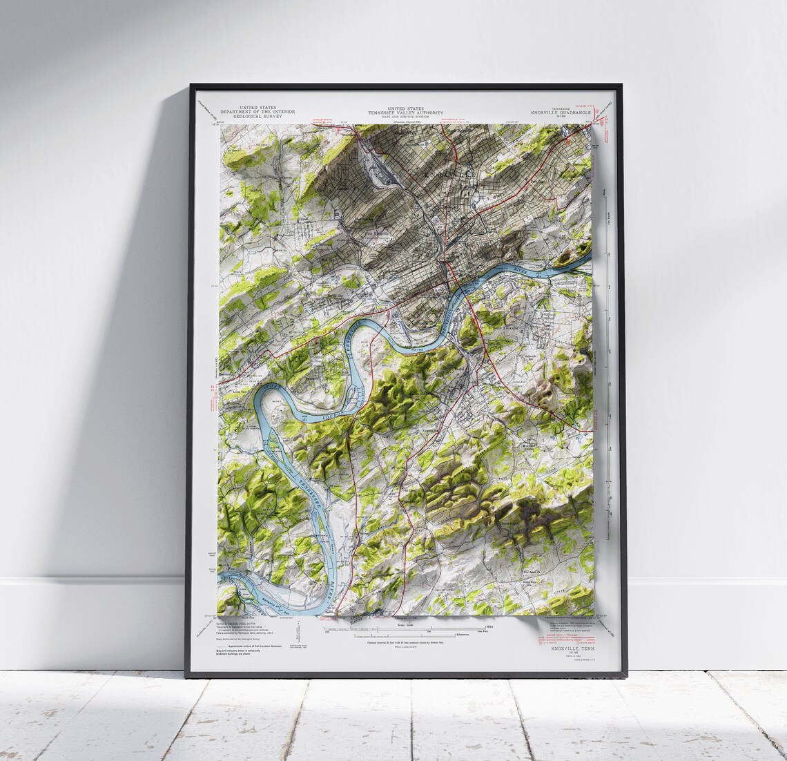Knoxville Tennessee Vintage Shaded Flat 2d Map Print Poster Wall Art Decor Topography