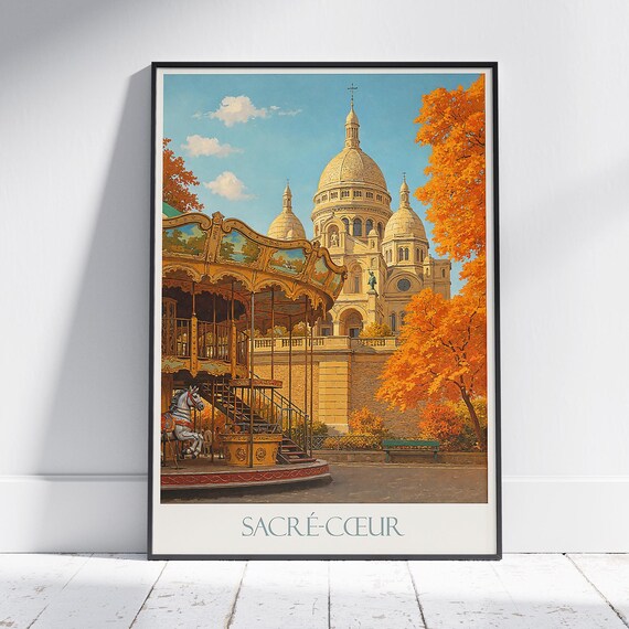 Paris Sacre Coeur Basilica Autumn Carousel Montmartre Travel Poster