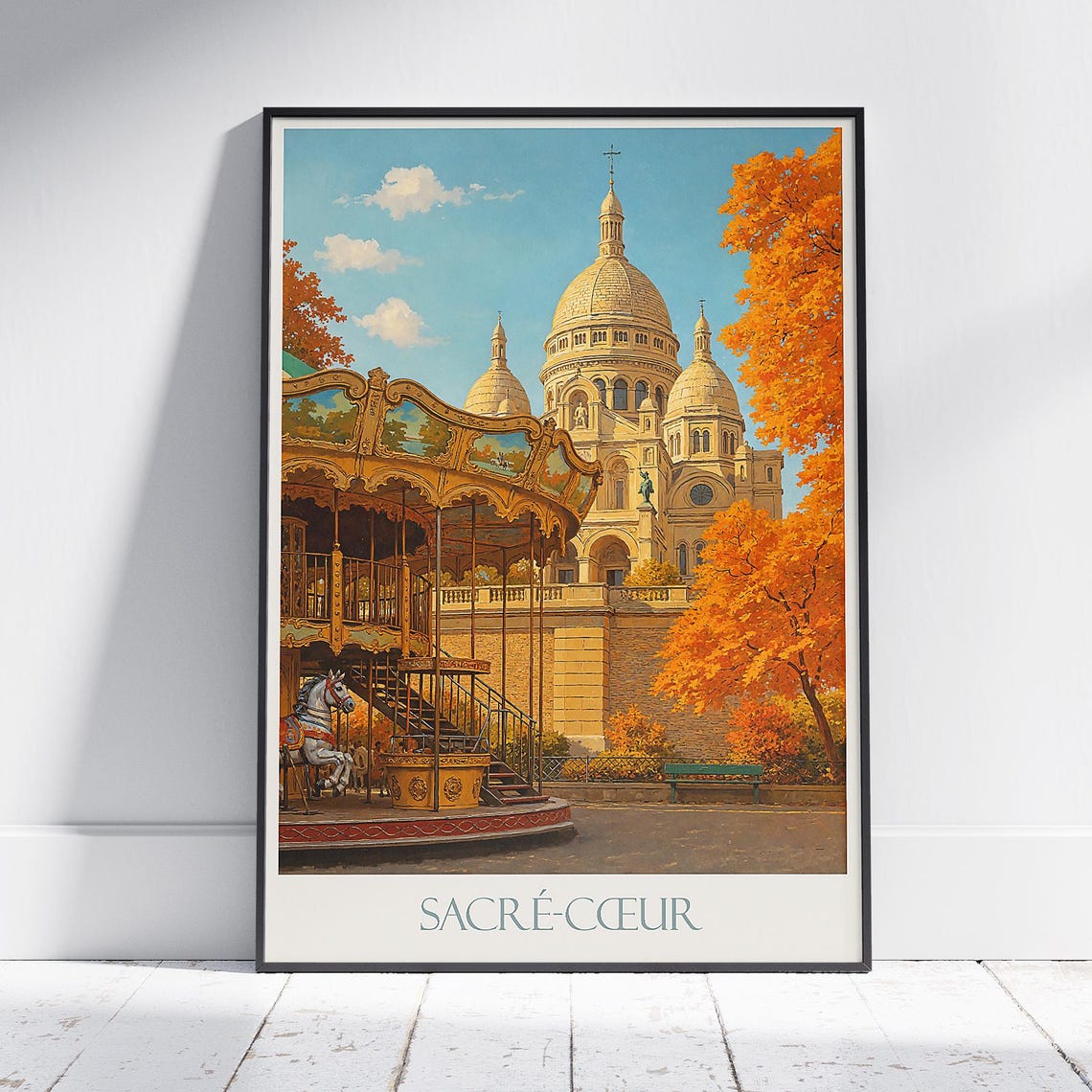 Paris Sacre Coeur Basilica Autumn Carousel Montmartre Travel Poster