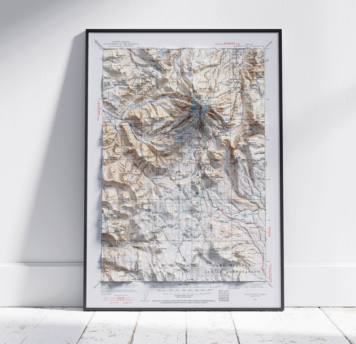 Mount Hood Oregon Map Flat 2d Vintage Shaded Print Poster Wall Art Decor Topography
