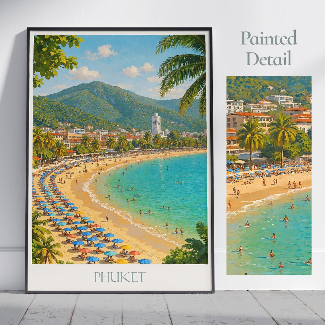 Phuket Beach Crowded Umbrellas Turquoise Sea Painted Travel Poster