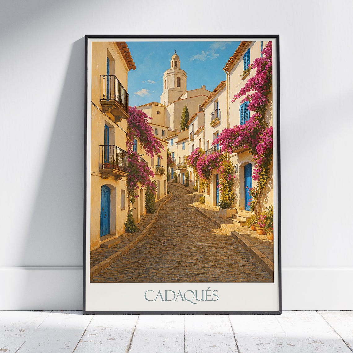 Cadaques Spain Bougainvillea Street Church Tower Coastal Poster