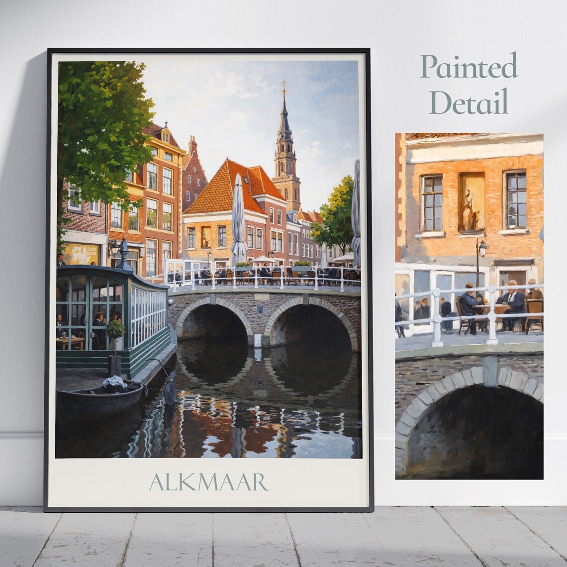 Alkmaar Netherlands Canal Bridge Cafe Scene Painted Travel Poster