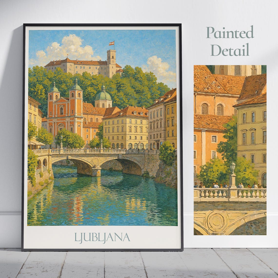 Ljubljana Slovenia Painted Poster Triple Bridge Castle River View