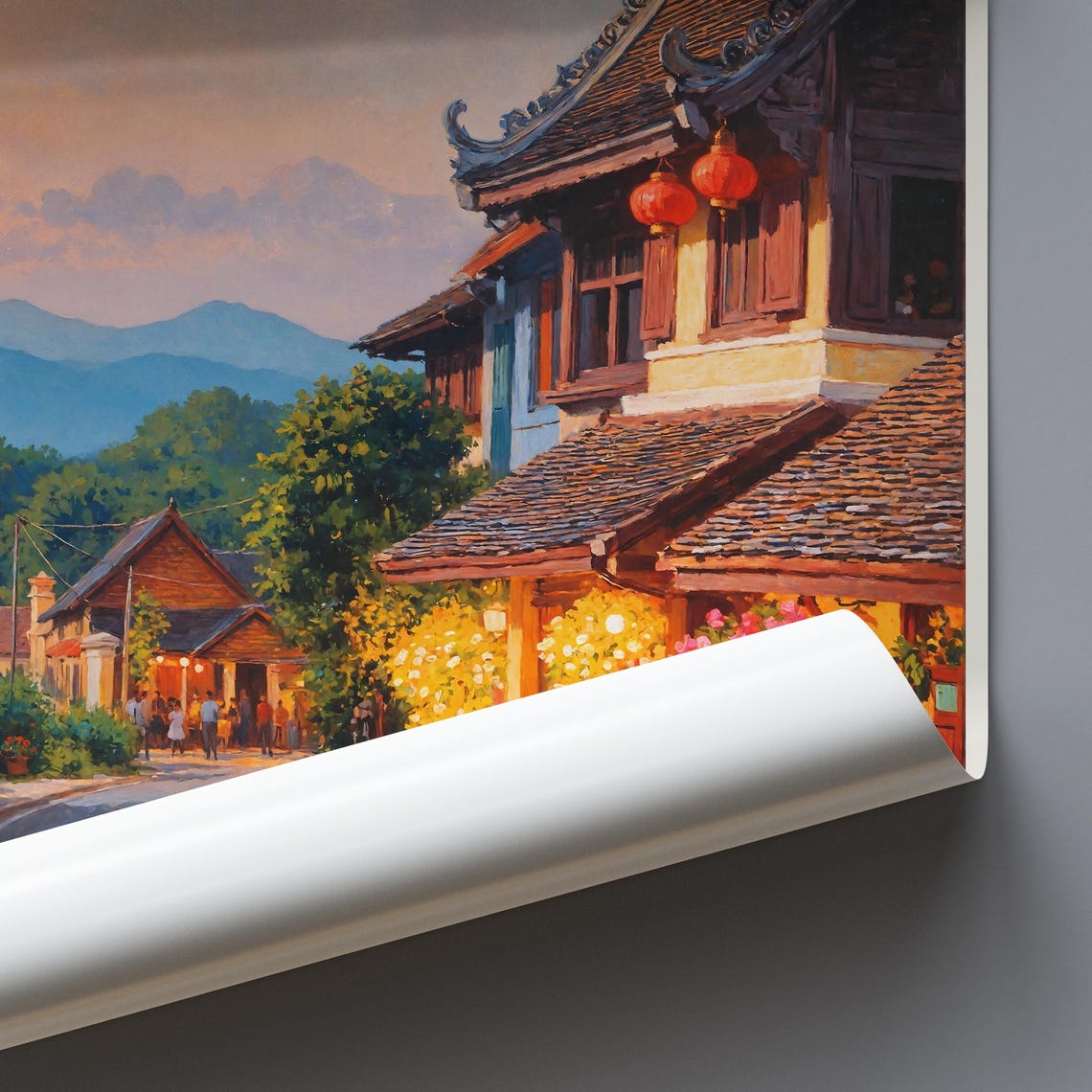 Chiang Mai Thailand Old Street Lanterns Evening Painted Travel Poster - Image 3