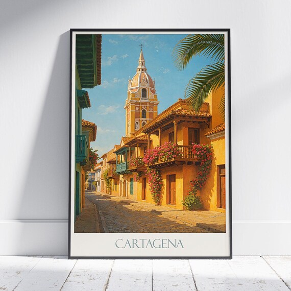 Cartagena Travel Poster Walled City Street Colombia Painted Wall Art Print Home Decor Personalized Gift