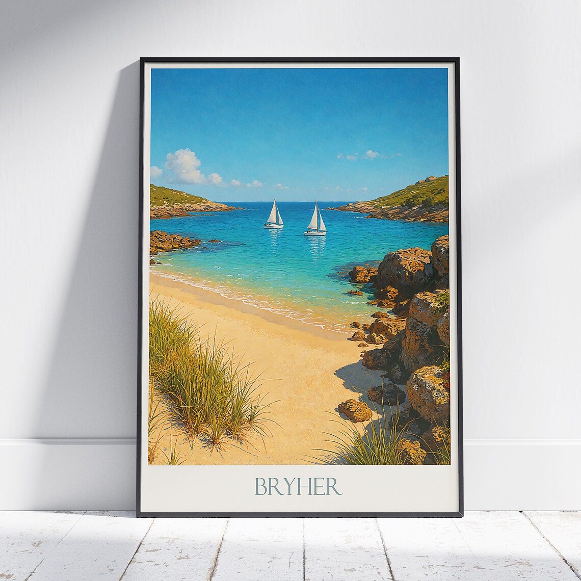 Bryher Beach Sailboats Isles Of Scilly Coastal Travel Poster
