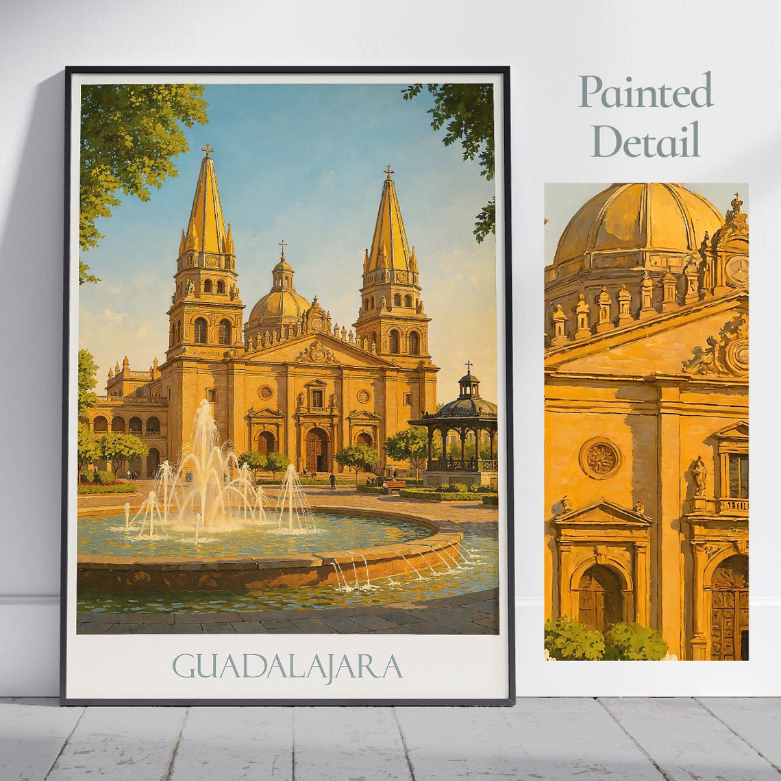 Guadalajara Cathedral Twin Spires Fountain Plaza Golden Travel Poster