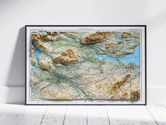 Mid Scotland 3D Raised Relief Vintage Topographic Map Travel Poster