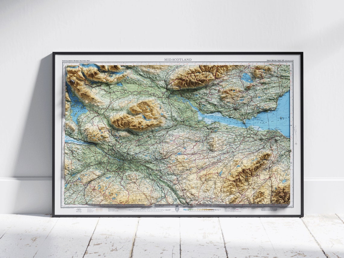 Mid Scotland 3D Raised Relief Vintage Topographic Map Travel Poster