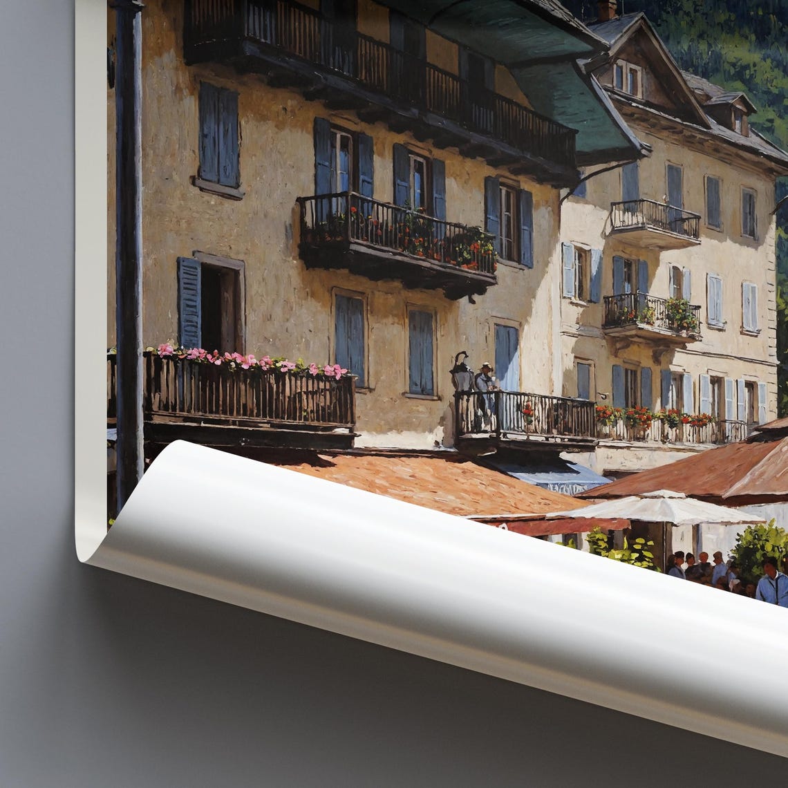 Chamonix France Canal Painted Travel Poster Flower Baskets Cafes - Image 3