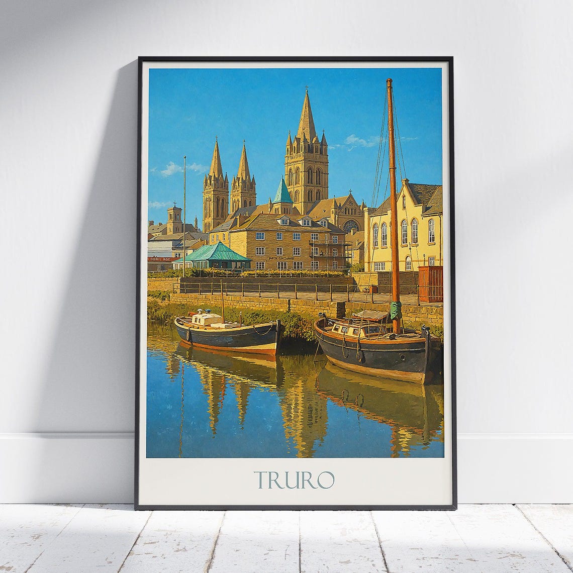 Truro Cornwall Cathedral Harbor Boats Waterfront Travel Poster