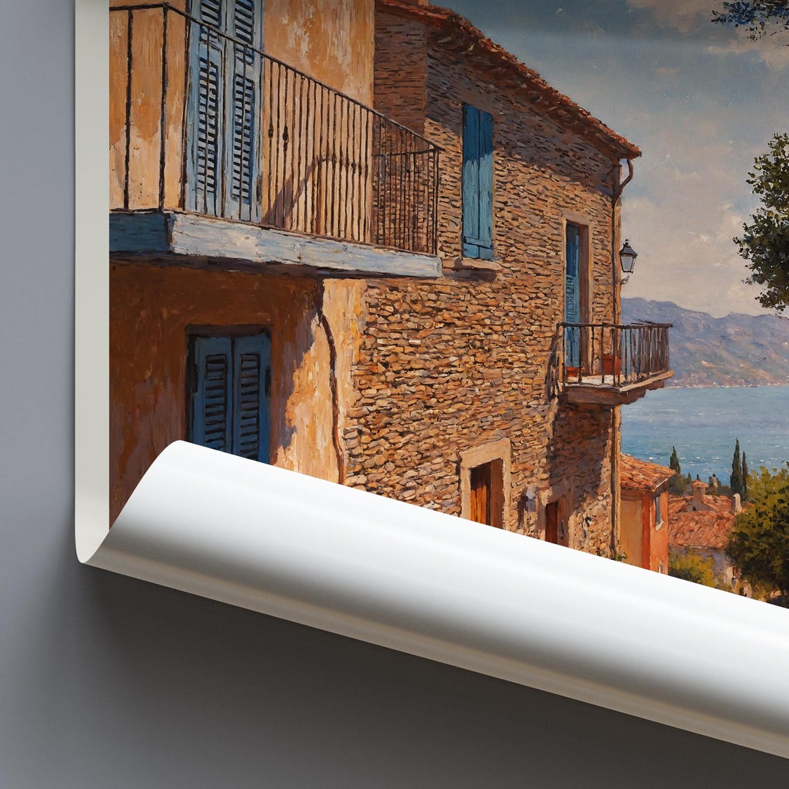 Sicilia Italy Sunlit Village Lane Sea View Olive Trees Painted Poster - Image 3