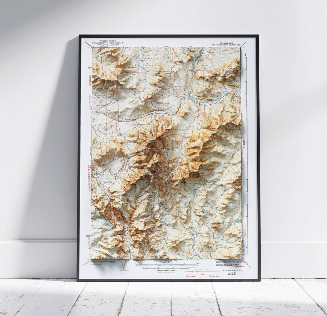 Mount Washington New Hampshire Vintage 3D Relief Antique Map Poster