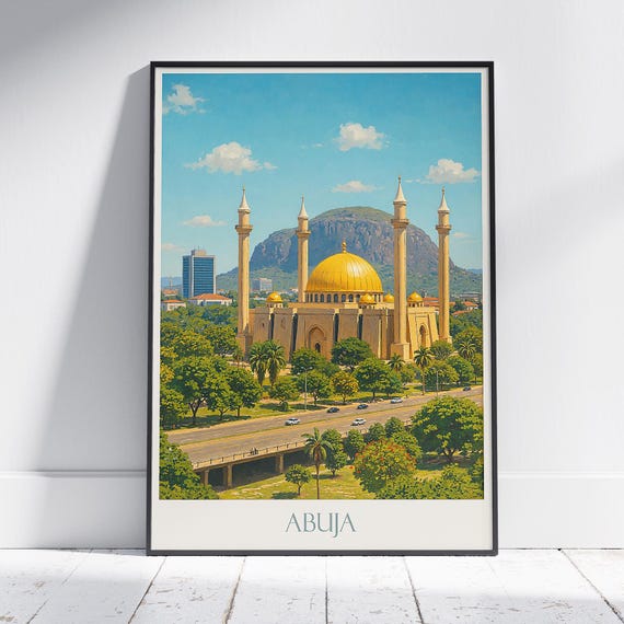 Abuja Travel Poster Nigeria National Mosque Art Print African City Wall Decor Vintage Style Painting