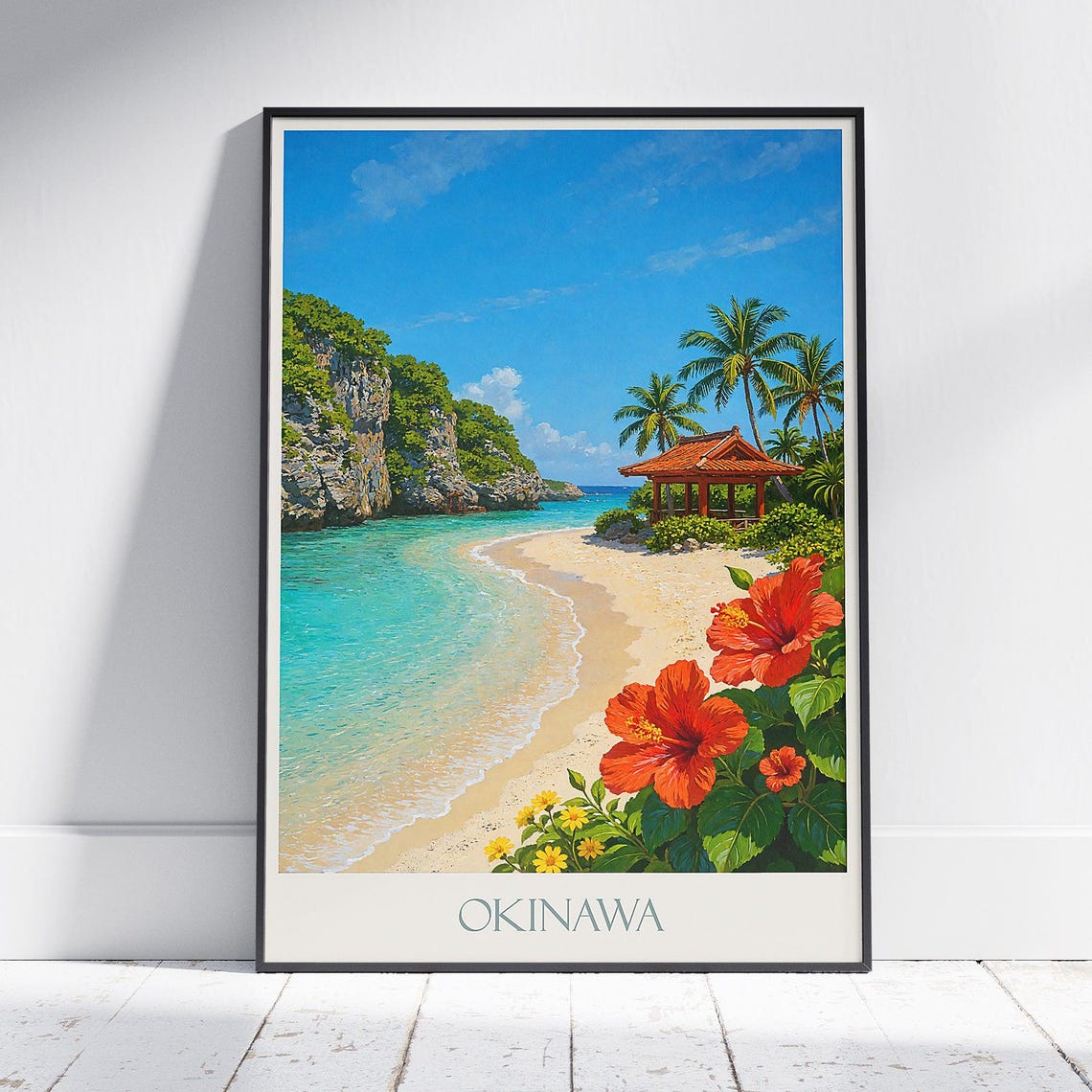 Okinawa Tropical Beach Cliffs Palm Pavilion Japan Travel Poster