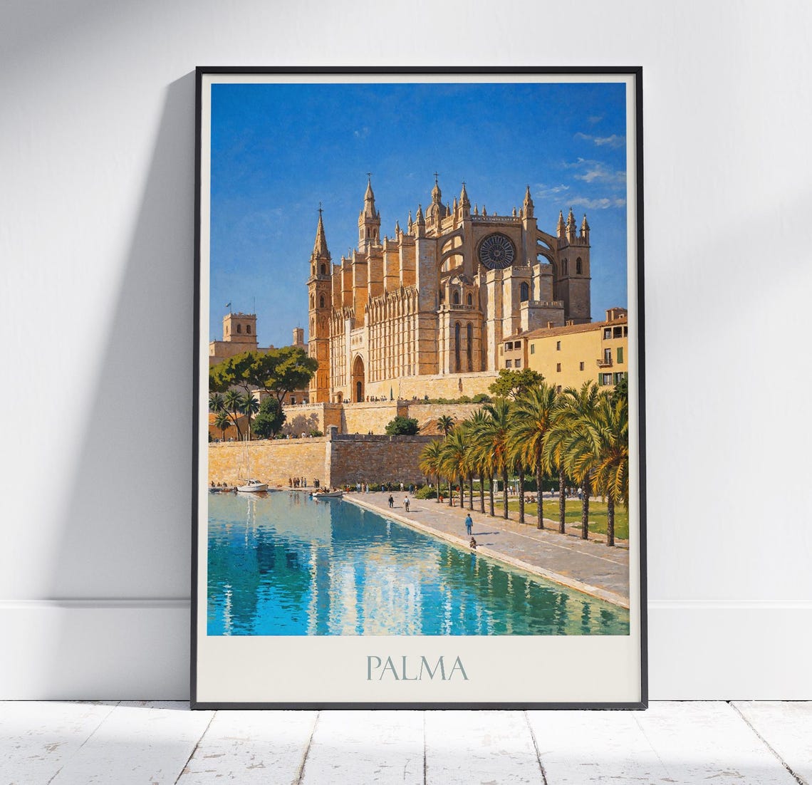 Palma Mallorca Spain Cathedral Waterfront Painted Travel Poster