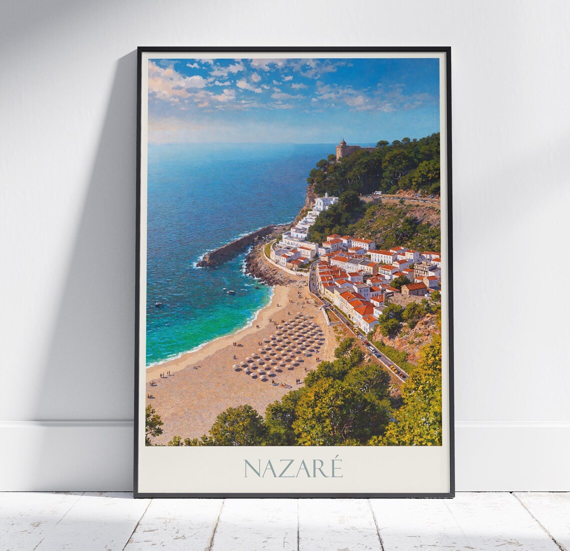 Nazare Portugal Beach Umbrellas Seaside Town Painted Travel Poster