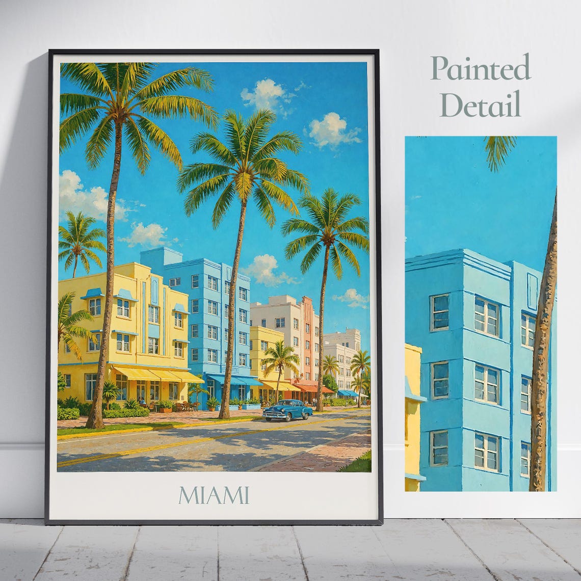 Miami Beach Pastel Art Deco Hotels Palm Trees Classic Car Poster