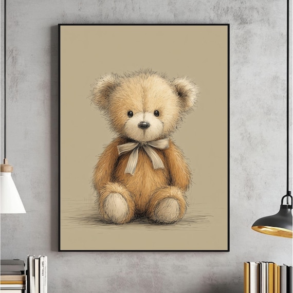 Vintage Nursery Toy Teddy Bear Sketch Wall Art Gender Neutral Print Illustration Poster Baby Room Decor