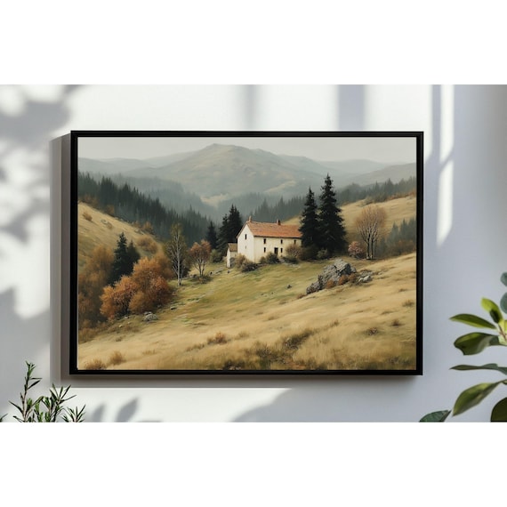 Rustic Autumn Countryside Cottage Oil Painting Fall Landscape Art Poster
