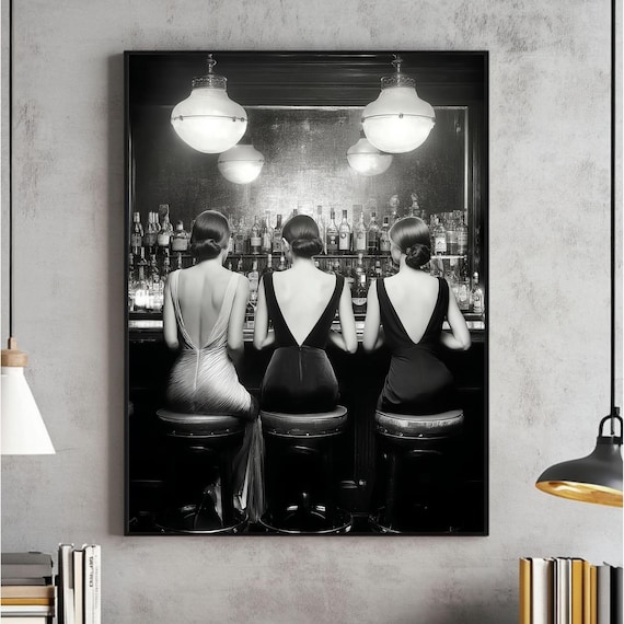 Three Women Drinking Cocktails At Bar Black And White Vintage Bar Poster