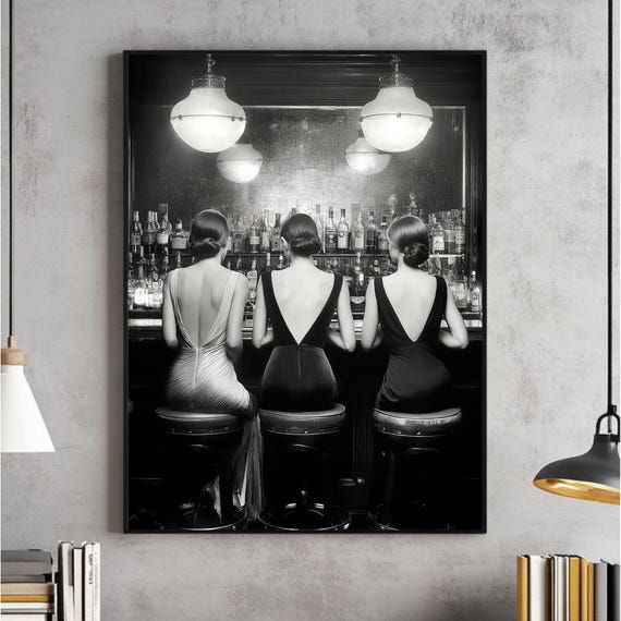 Women Drinking Cocktails Wall Art Bar Cart Three Friends Vintage Decor Alcohol Photograph Black And White Poster