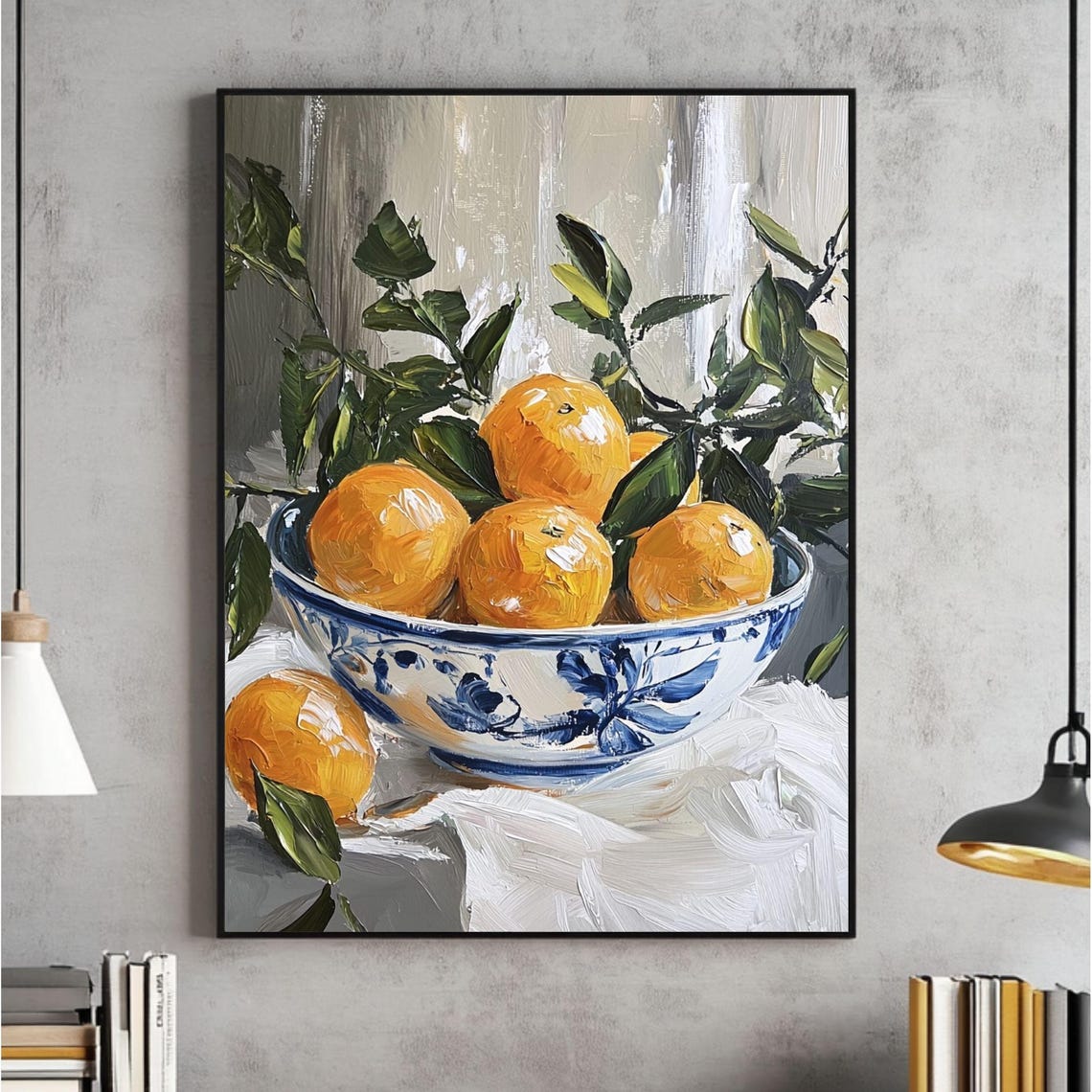 Fresh Oranges in Blue Porcelain Bowl Vintage Kitchen Art Poster