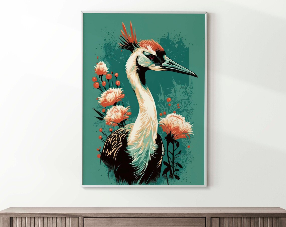 Japanese Crane Bird Portrait Art Print, Oriental Floral