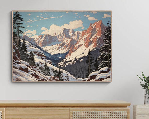 Mountain Landscape Print Art Vintage Landscape Painting Rustic Country Art Print Winter Poster Wall Art