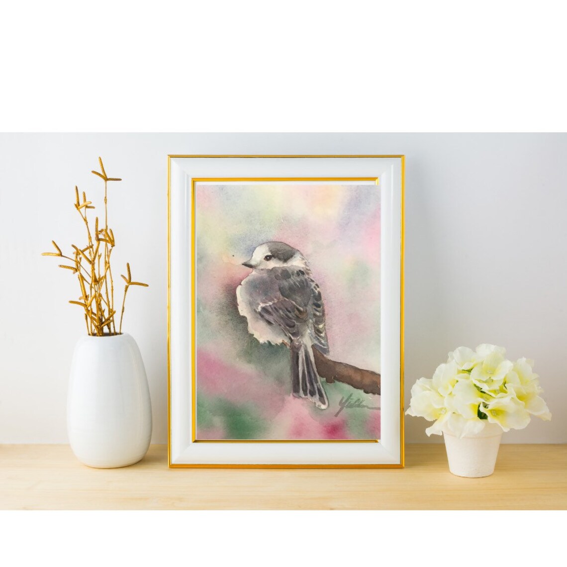 Sweet Gray Songbird on Pastel Spring Branch Watercolor Art Poster - Image 2