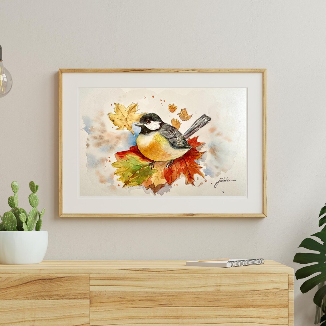 Chickadee Among Colorful Autumn Maple Leaves Watercolor Poster - Image 2
