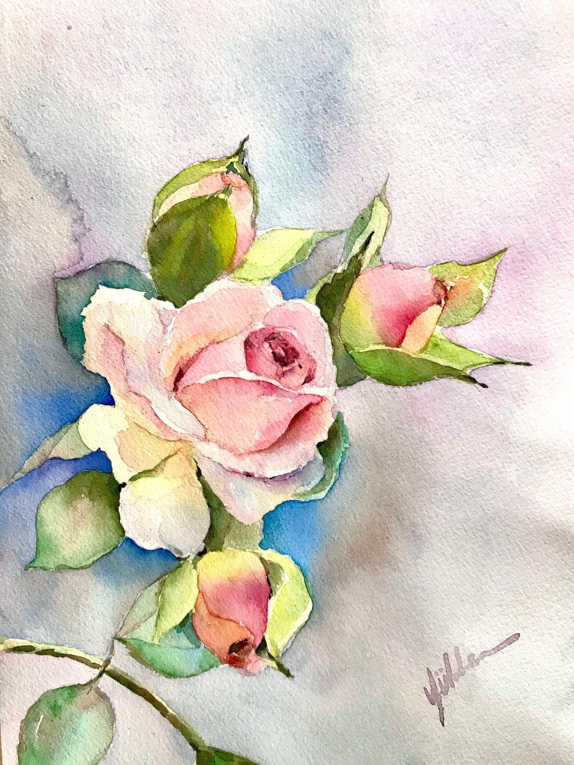 Blush Pink Rose with Buds in a Delicate Floral Watercolor Poster - Image 3