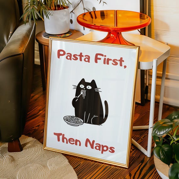 Funny Cat Kitchen Print Retro Pastaeating Poster